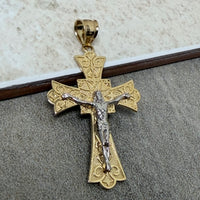 Load image into Gallery viewer, Solid 14K Two-Tone Gold Elegant Cross Crucifix Pendant with Ornate Design
