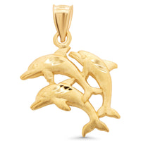 Load image into Gallery viewer, 14k Yellow Gold Three Dolphins Jumping Pendant with Diamond Cut Satin Finish

