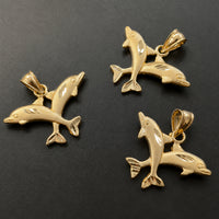 Load image into Gallery viewer, 14k Yellow Gold Gold Two Ocean Dolphins Jumping Pendant with Diamond Cut Satin Finish
