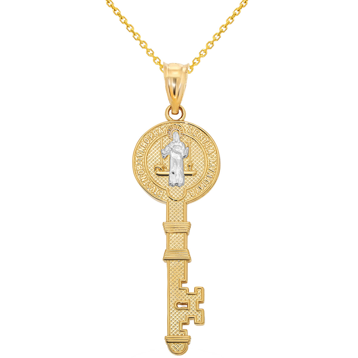 14k Solid Yellow Gold Reversible Saint Benedict Key Pendant Necklace with Rolo, Cuban or Figaro Chain