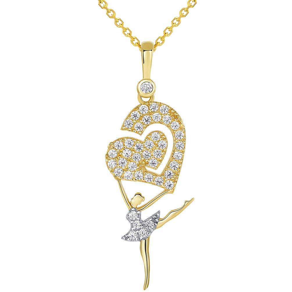 CZ Arabesque Ballerina Dancer Holding Heart Pendant Necklace