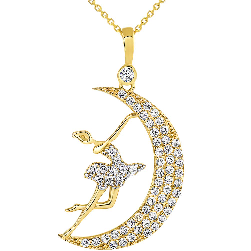 CZ Ballerina Dancer Dancing on the Moon Pendant Necklace