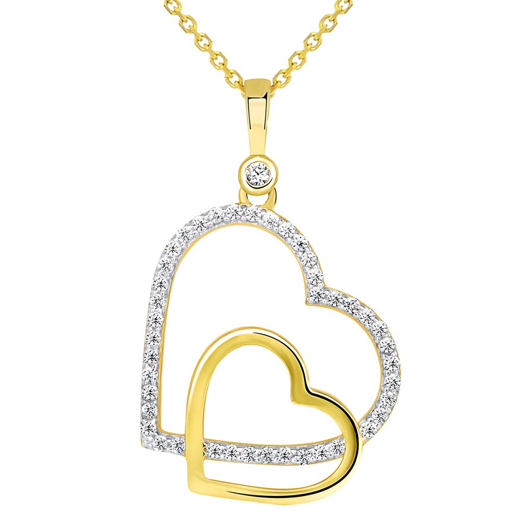 CZ Dangling Sideways Open Double Heart Pendant Necklace