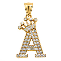 Load image into Gallery viewer, Solid 14k Yellow Gold CZ Initial Pendant with Crown - 1 Inch Height
