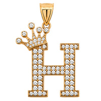 Load image into Gallery viewer, Solid 14k Yellow Gold CZ Initial Pendant with Crown - 1 Inch Height
