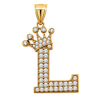 Load image into Gallery viewer, Solid 14k Yellow Gold CZ Initial Pendant with Crown - 1 Inch Height
