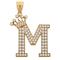 Load image into Gallery viewer, Solid 14k Yellow Gold CZ Initial Pendant with Crown - 1 Inch Height
