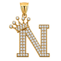 Load image into Gallery viewer, Solid 14k Yellow Gold CZ Initial Pendant with Crown - 1 Inch Height

