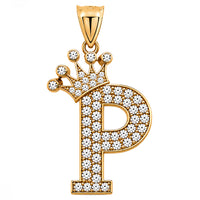 Load image into Gallery viewer, Solid 14k Yellow Gold CZ Initial Pendant with Crown - 1 Inch Height
