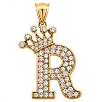 Load image into Gallery viewer, Solid 14k Yellow Gold CZ Initial Pendant with Crown - 1 Inch Height
