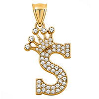 Load image into Gallery viewer, Solid 14k Yellow Gold CZ Initial Pendant with Crown - 1 Inch Height
