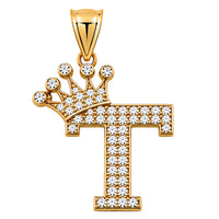Load image into Gallery viewer, Solid 14k Yellow Gold CZ Initial Pendant with Crown - 1 Inch Height

