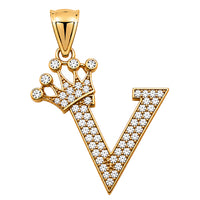 Load image into Gallery viewer, Solid 14k Yellow Gold CZ Initial Pendant with Crown - 1 Inch Height
