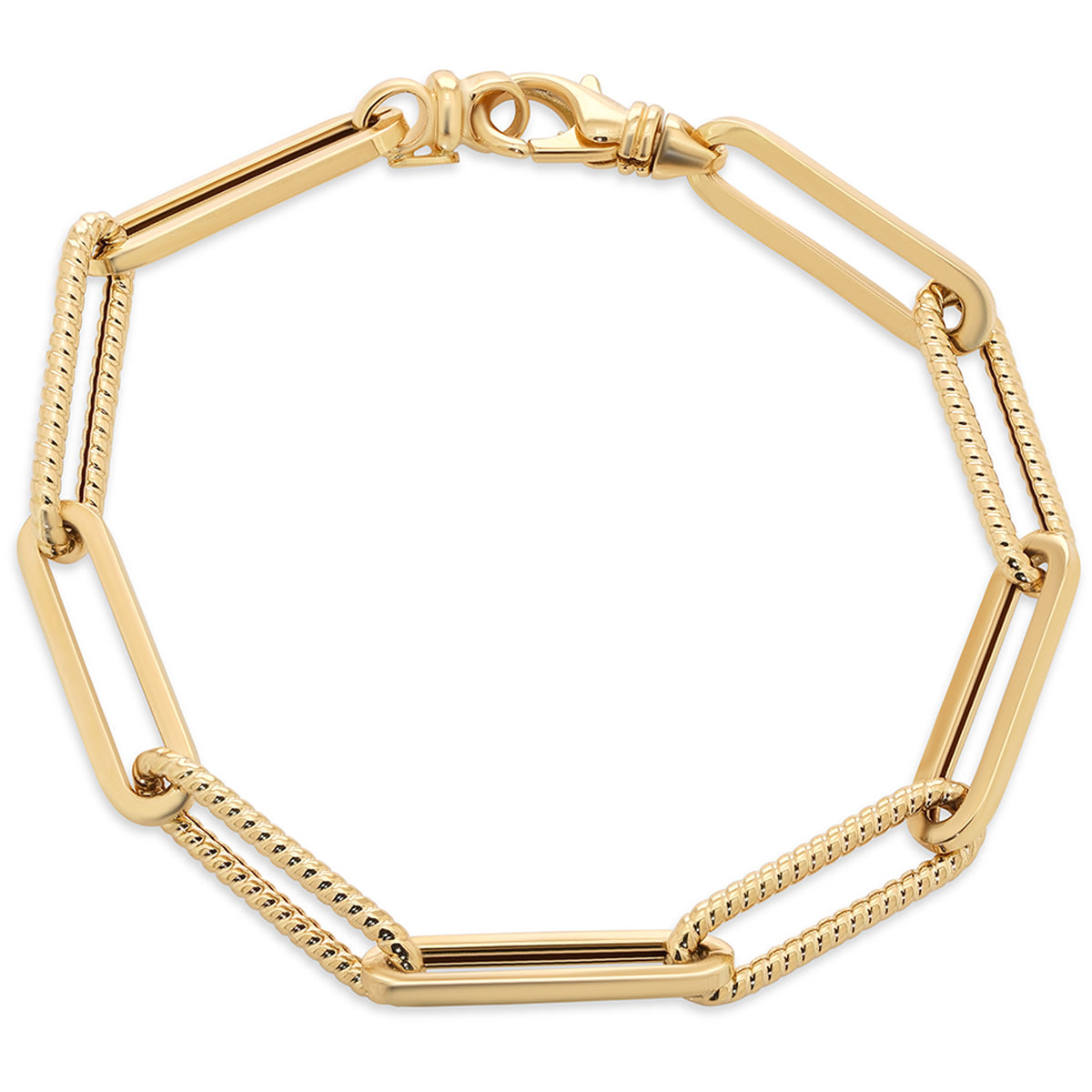 14k Yellow Gold Long Paperclip Chain Bracelet with Rope Design, 7 Inches