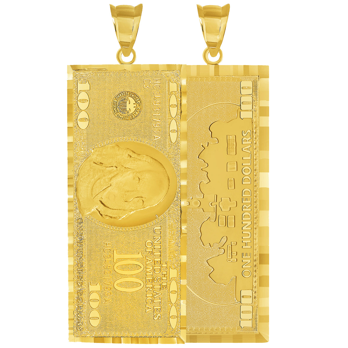 14k Solid Gold 100 Dollar Bill Pendant - 1.5 Inch Height
