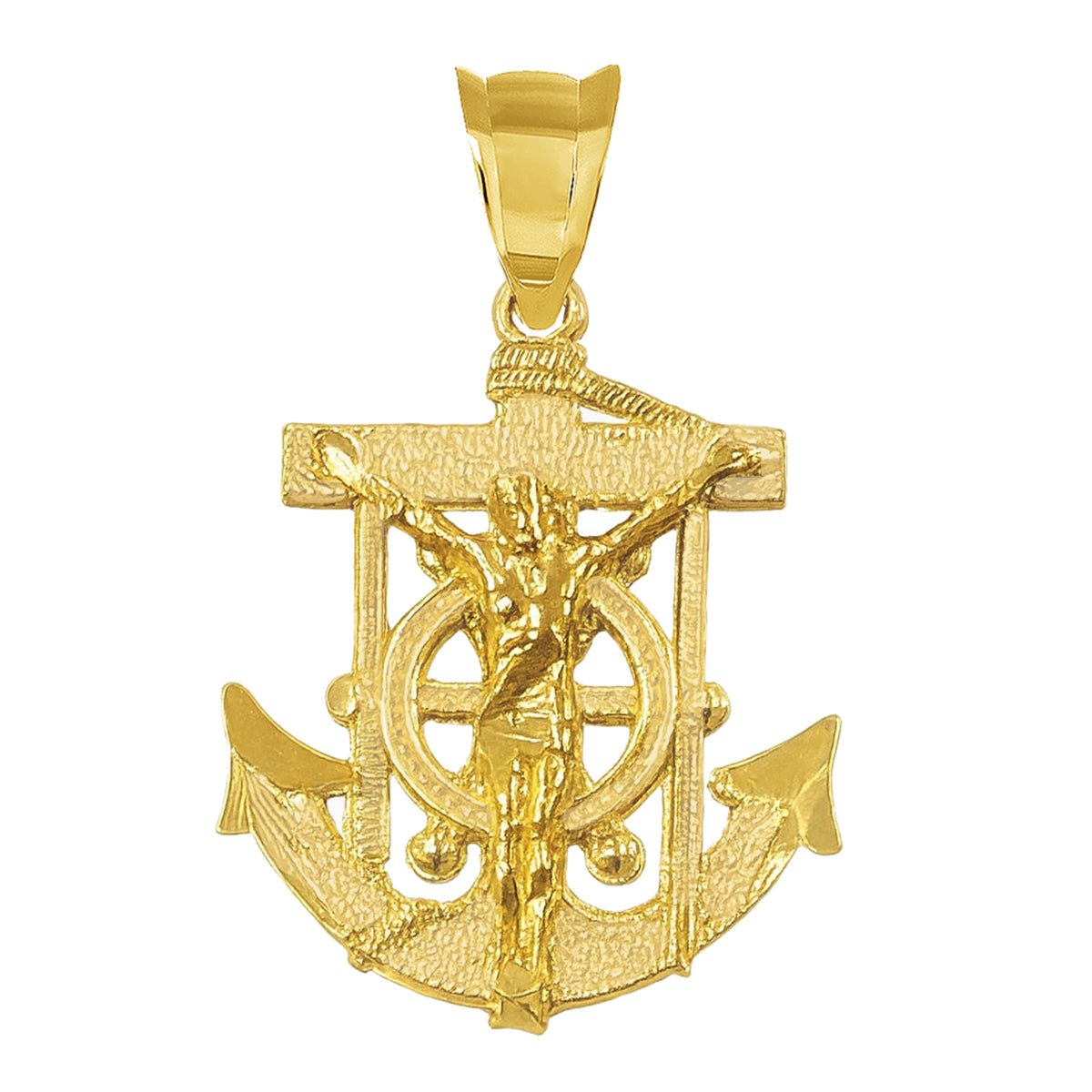 14k Yellow Gold Mini Mariner Crucifix Charm Anchor Cross Pendant with Diamond-Cut