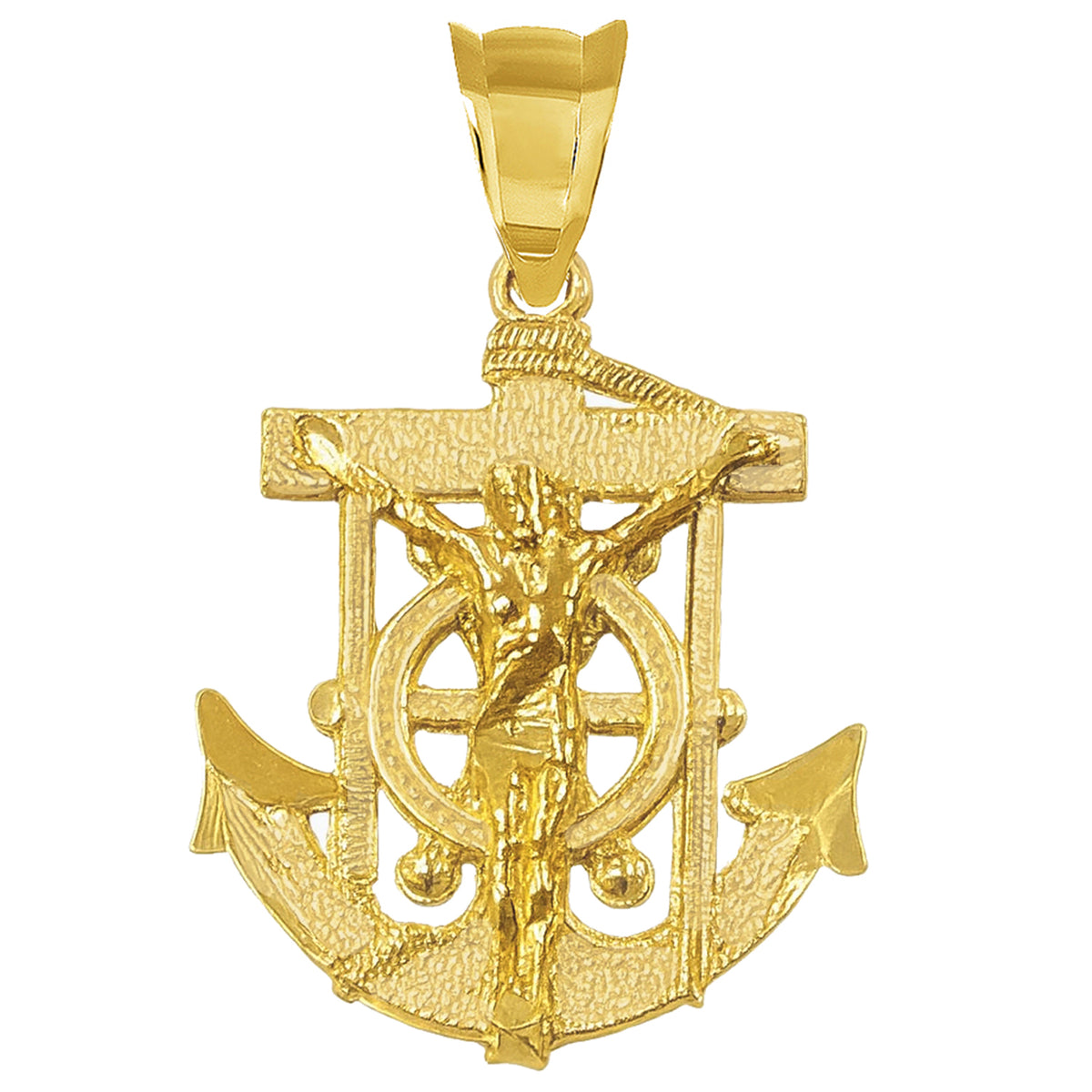 14k Yellow Gold Mariner Crucifix Charm Anchor Cross Pendant with Diamond-Cut