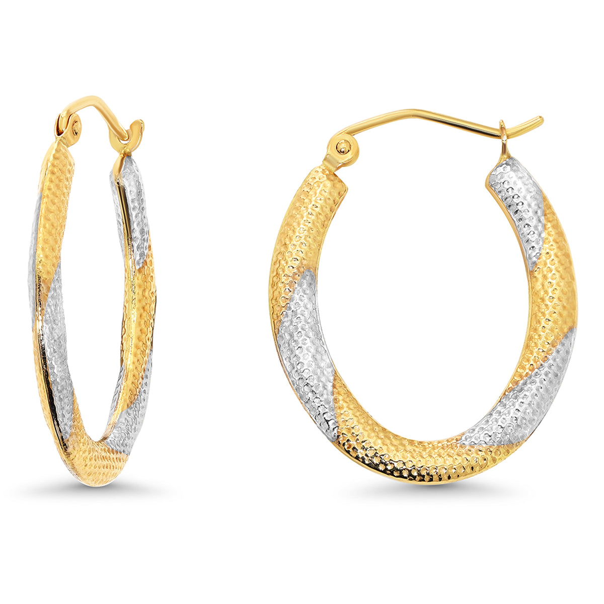 14k Gold Textured Oval Two-Tone Hoop Earrings with Latch Back