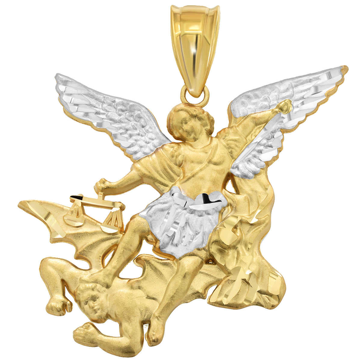 14k Yellow Gold Classic Saint Michael the Archangel Defeating Evil Pendant - Extra Large