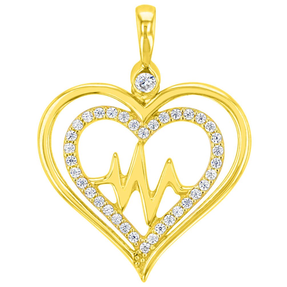Solid 14K Gold CZ Double Heart Heartbeat Pendant