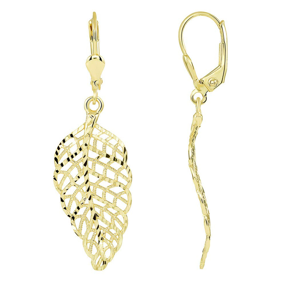 Solid 14k Gold Elegant Leaf Dangle Earrings