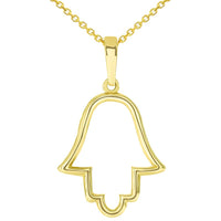 Load image into Gallery viewer, Solid 14k Yellow Gold Outline Hamsa Hand Pendant Necklace - Available with Rolo, Curb, or Figaro Chain Necklaces
