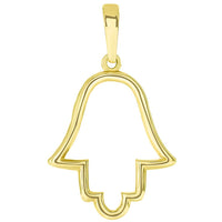 Load image into Gallery viewer, Solid 14k Yellow Gold Outline Hamsa Hand Pendant Necklace - Available with Rolo, Curb, or Figaro Chain Necklaces
