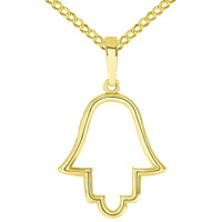Load image into Gallery viewer, Solid 14k Yellow Gold Outline Hamsa Hand Pendant Necklace - Available with Rolo, Curb, or Figaro Chain Necklaces
