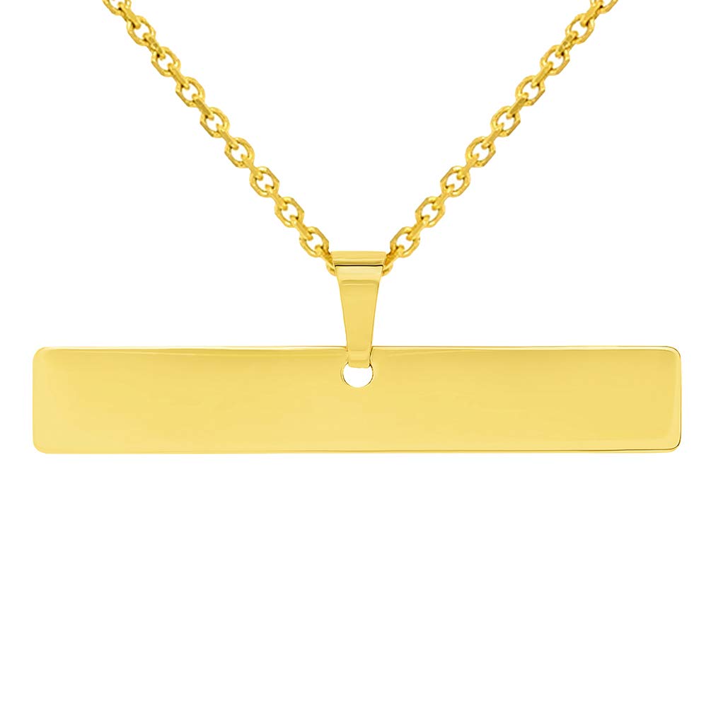 Solid 14k Yellow Gold Engravable Personalized Horizontal Bar Charm Pendant with Cable, Curb, or Figaro Chain Necklaces