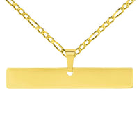 Load image into Gallery viewer, Solid 14k Yellow Gold Engravable Personalized Horizontal Bar Charm Pendant with Cable, Curb, or Figaro Chain Necklaces
