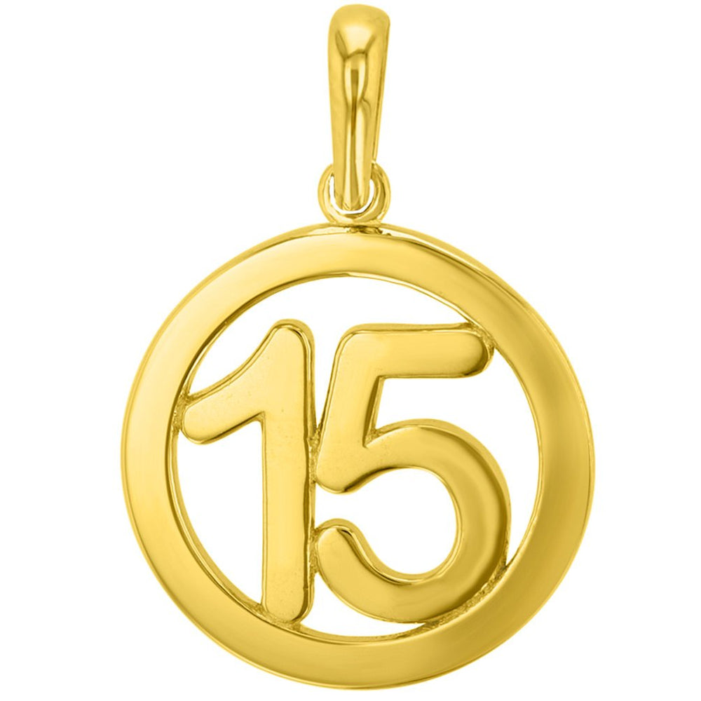 Solid 14K Gold Round Number Fifteen Pendant