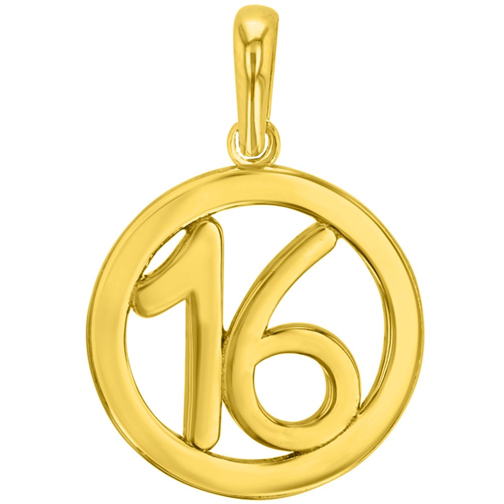 Solid 14K Gold Round Number Sixteen Pendant