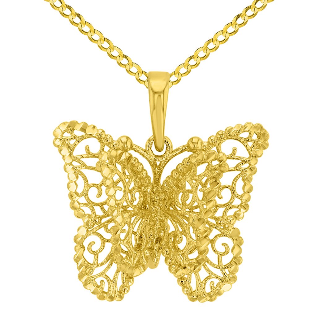 Textured Filigree Butterfly with Four Wings Pendant Necklace