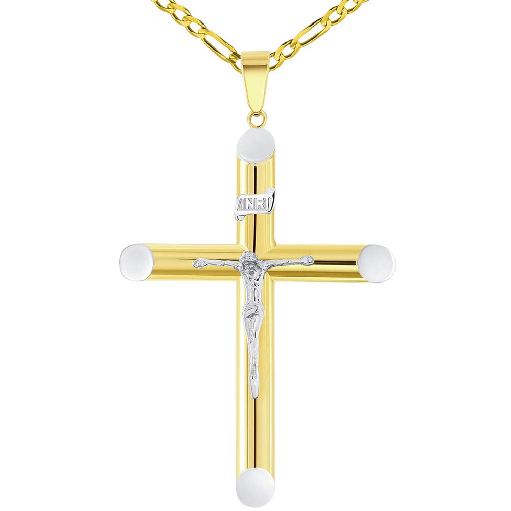 Two-Tone 14k Gold INRI Tubular Crucifix Cross Pendant Necklace