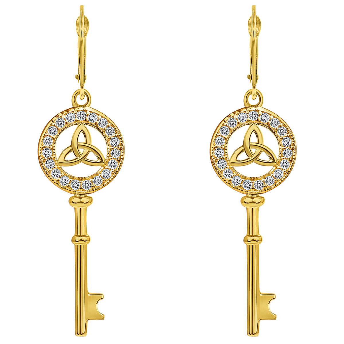 14k Gold Celtic Trinity Knot Key Dangle Drop Earrings with Leverback with Cubic Zirconia