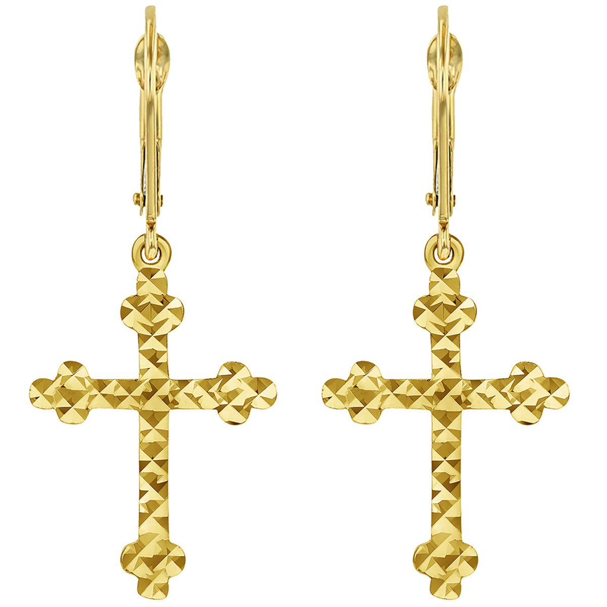 14k Gold Textured Eastern Orthodox Cross Dangle Drop Earrings with Leverback