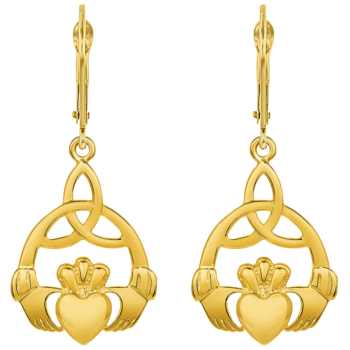 14k Gold Celtic Trinity Knot with Claddagh Dangle Drop Earrings with Leverback