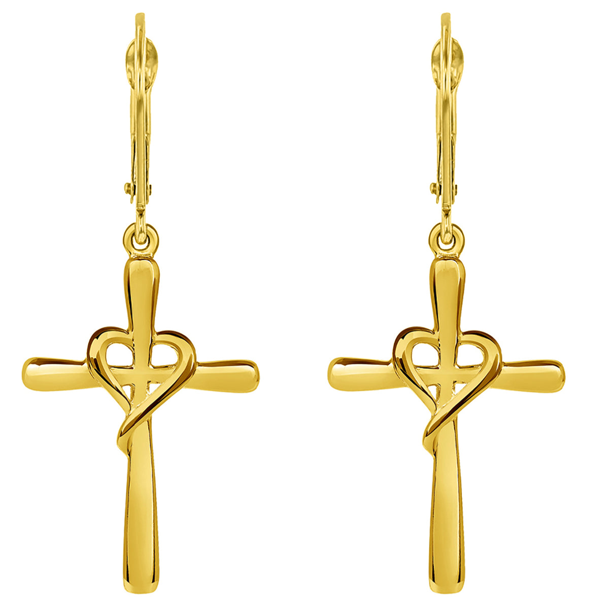 14k Gold Religious Cross with Heart Dangle Drop Earrings with Leverback