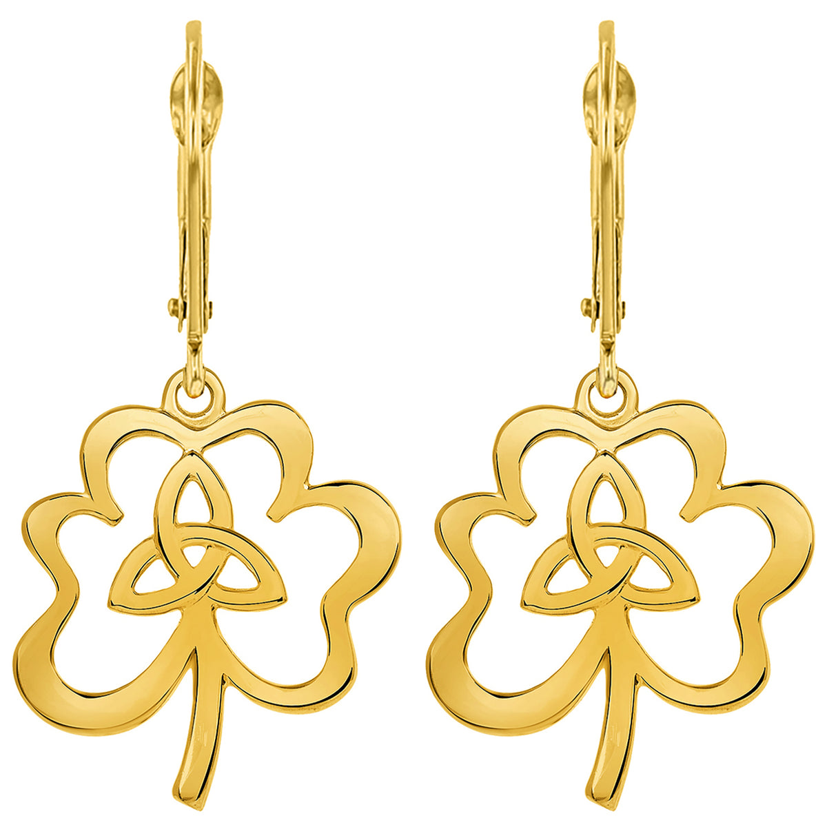 14k Gold Clover Leaf with Celtic Trinity Knot Dangle Drop Earrings with Leverback