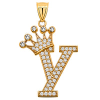 Load image into Gallery viewer, Solid 14k Yellow Gold CZ Initial Pendant with Crown - 1 Inch Height
