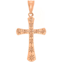 Load image into Gallery viewer, High Polished 14k Rose Gold Textured Star Cut Religious Cross Pendant Necklace with Rolo Cable Chain
