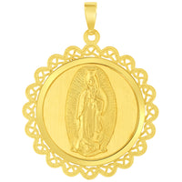 Load image into Gallery viewer, 14k Yellow Gold Round Ornate Miraculous Medal of Our Lady of Guadalupe Pendant Necklace
