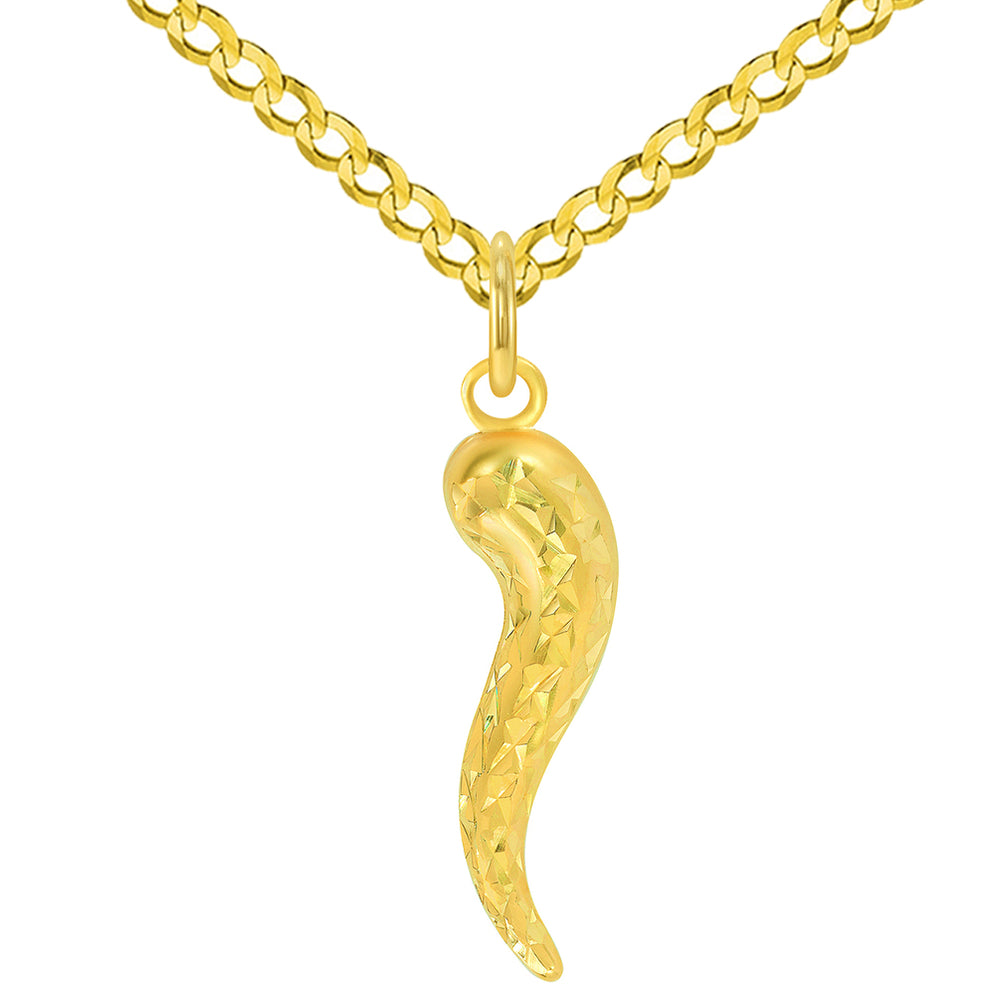 14k Yellow Gold Textured Dainty Mini Cornicello Horn Charm Pendant with Cuban Curb Chain Necklace