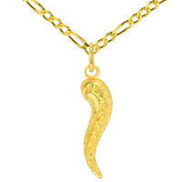 Load image into Gallery viewer, 14k Yellow Gold Textured Dainty Mini Cornicello Horn Charm Pendant with Figaro Chain Necklace
