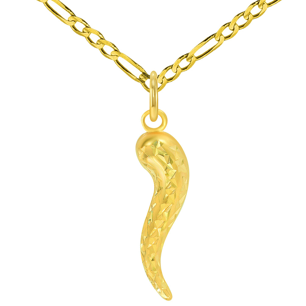 14k Yellow Gold Textured Dainty Mini Cornicello Horn Charm Pendant with Figaro Chain Necklace