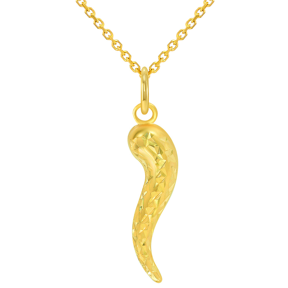 14k Yellow Gold Textured Dainty Mini Cornicello Horn Charm Pendant Necklace