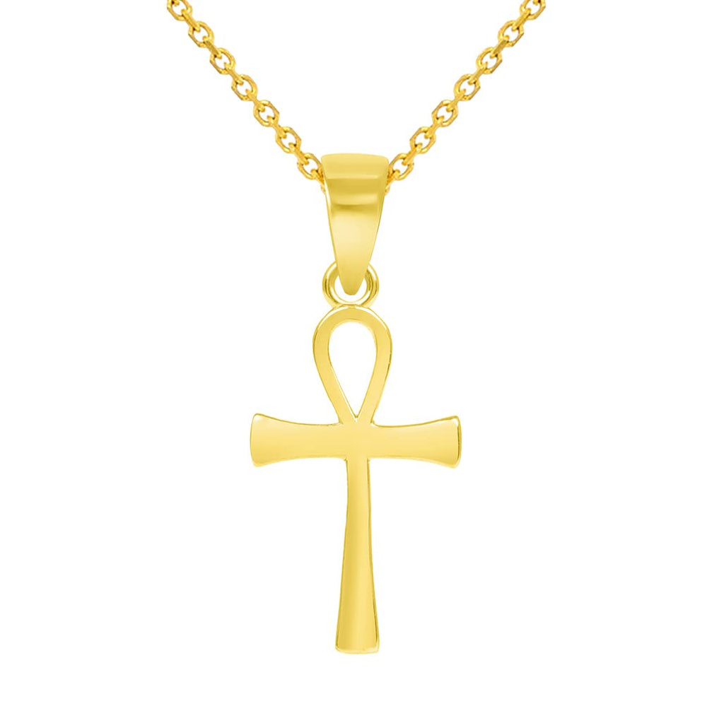Solid 14k Yellow Gold Classic Egyptian Ankh Cross Pendant Necklace
