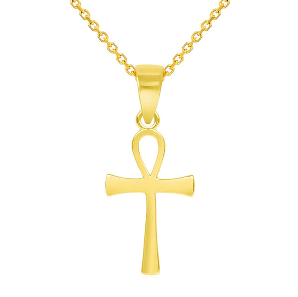 14k Yellow Gold Mini Egyptian Ankh Cross Necklace with Spring Ring