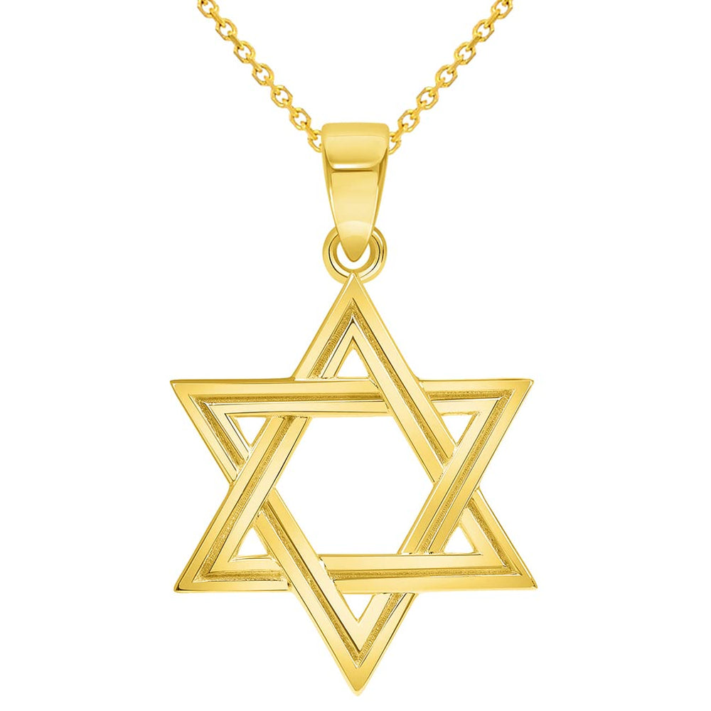 14k Yellow Gold Elegant Shield of David Hebrew Star Pendant with Rolo Cable, Cuban Curb, or Figaro Chain Necklaces
