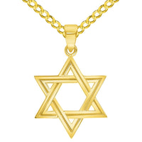 Load image into Gallery viewer, 14k Yellow Gold Elegant Shield of David Hebrew Star Pendant with Rolo Cable, Cuban Curb, or Figaro Chain Necklaces
